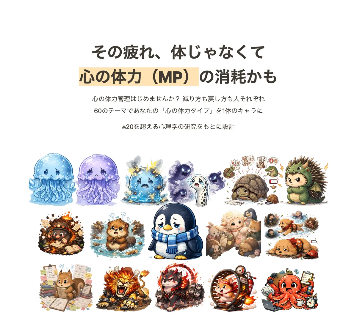 キャラでわかる 心の体力(MP)診断の紹介画像。16種類のキャラクターから自分のタイプがわかる